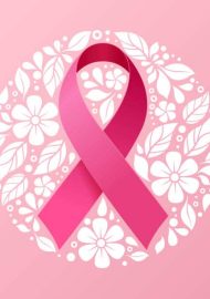 Pink ribbon for Breast cancer awareness month in circle frame with white flower and leaves texture around on soft pink background vector design