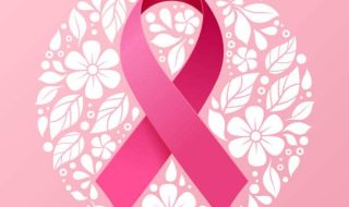Pink ribbon for Breast cancer awareness month in circle frame with white flower and leaves texture around on soft pink background vector design